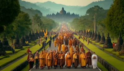 Umat Budha sedang melaksanakan prosesi kirab Waisak.